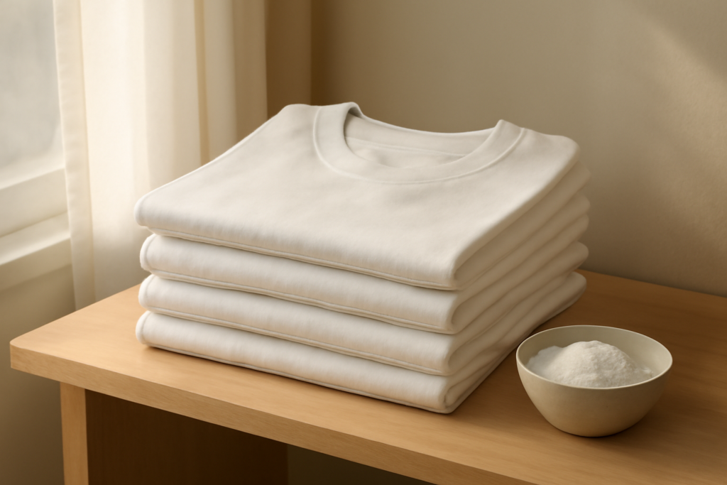 Tumpukan kaos putih bersih yang dilipat rapi di rak kayu dengan wadah baking soda di sampingnya
