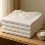 Tumpukan kaos putih bersih yang dilipat rapi di rak kayu dengan wadah baking soda di sampingnya