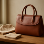 Tas kulit cokelat di rak kayu dengan kain mikrofiber dan dust bag untuk perawatan