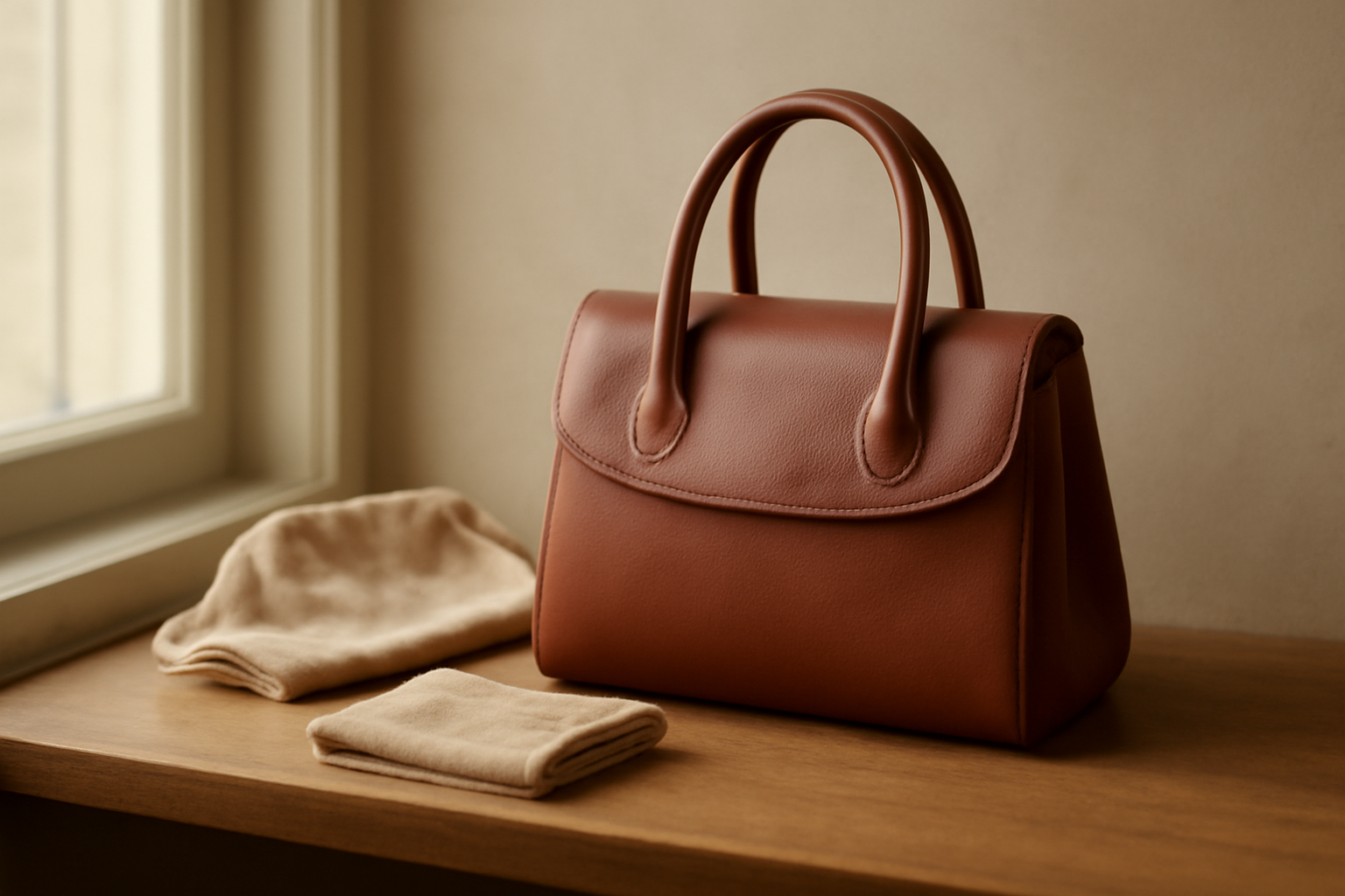 Tas kulit cokelat di rak kayu dengan kain mikrofiber dan dust bag untuk perawatan