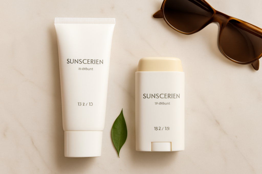 Perbandingan sunscreen stick dan lotion dalam kemasan berbeda di atas meja marmer