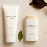 Perbandingan sunscreen stick dan lotion dalam kemasan berbeda di atas meja marmer