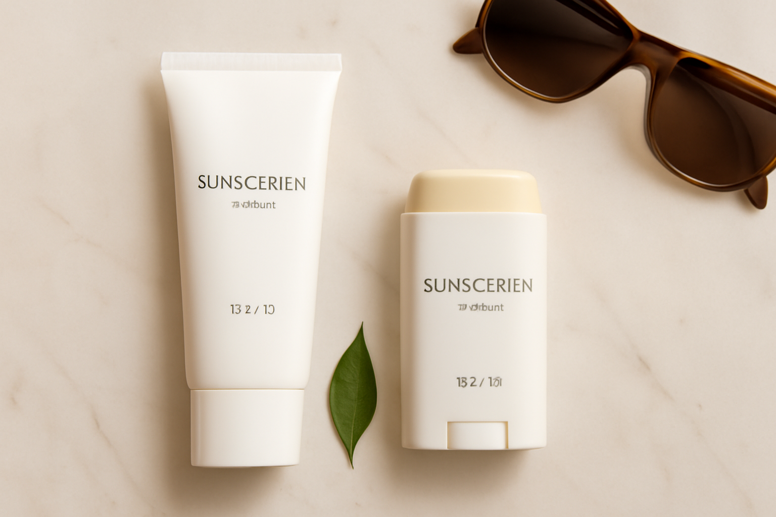 Perbandingan sunscreen stick dan lotion dalam kemasan berbeda di atas meja marmer